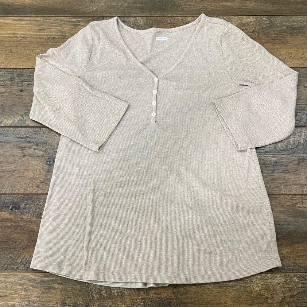 Old Navy Womens Slim Fit Henley Top Oatmeal Heather Ribbed 3/4 Sleeve Large